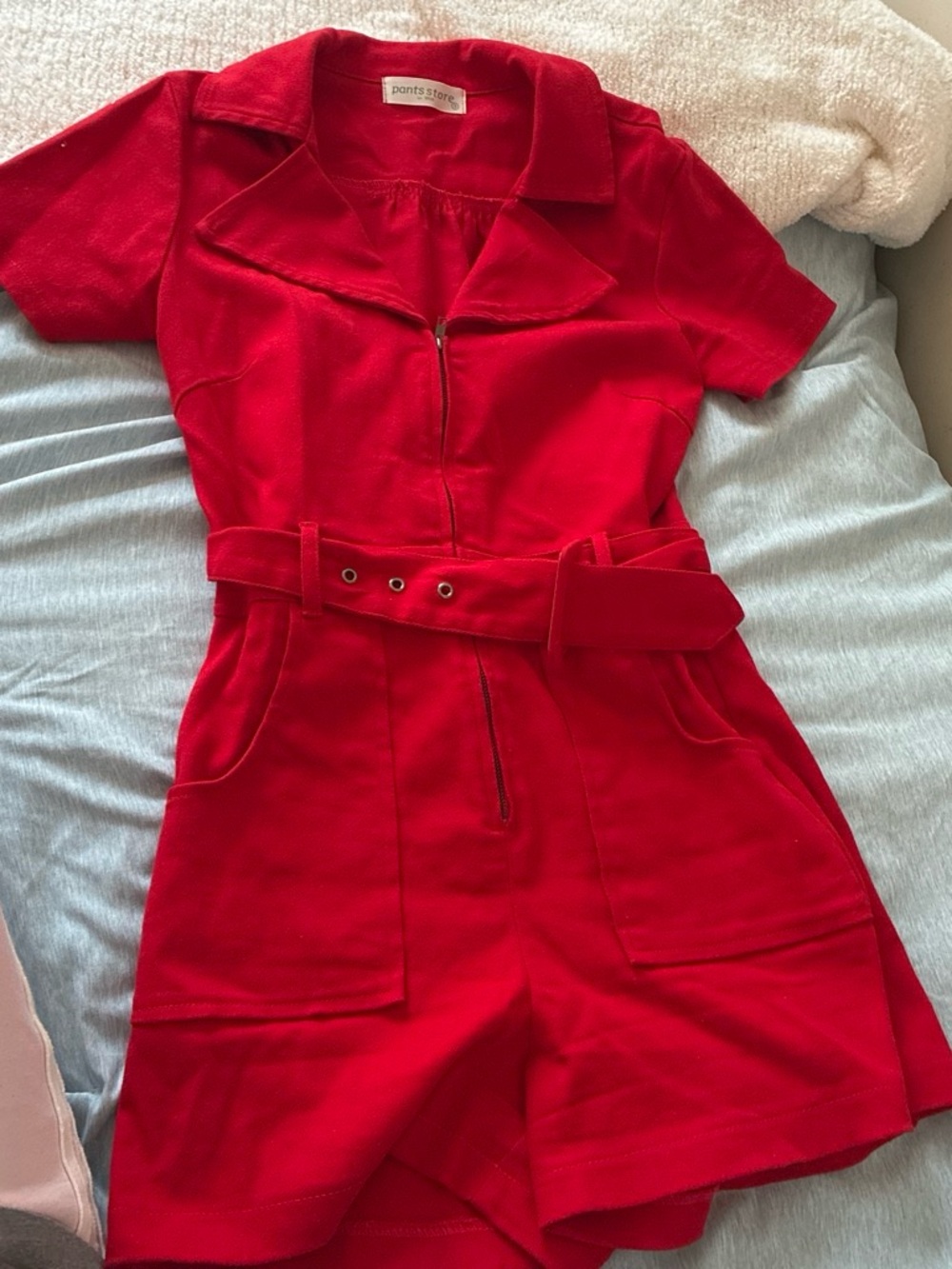Pants Store Red Short-Sleeve Belted Romper